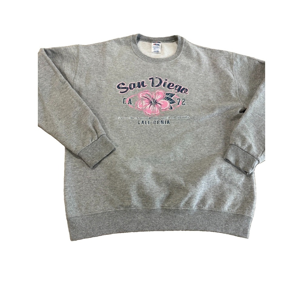 Vintage San Diego CA Hibiscus Tropical Gray Sweatshirt Jerzees NuBlend Large